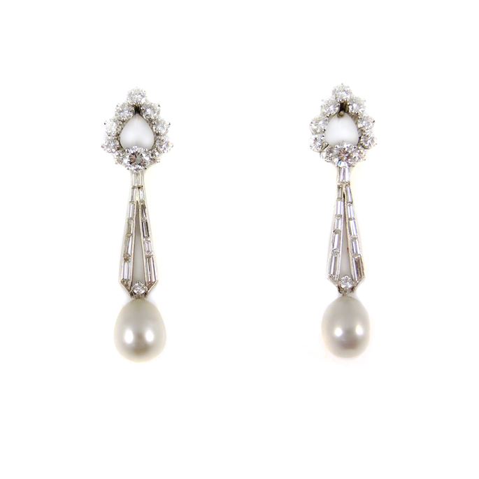 Pair of drop pearl and diamond earrings | MasterArt
